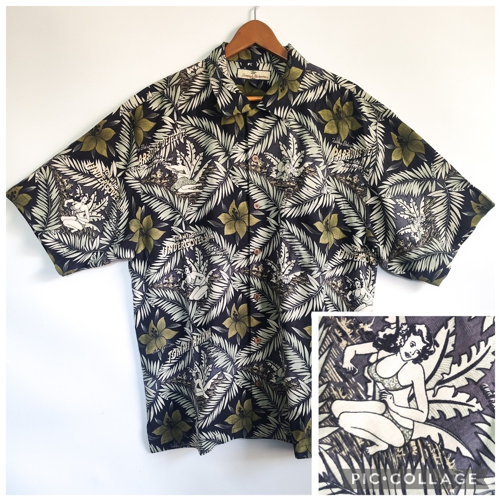 Tommy‎ Bahama Shirt Large 100% Silk Camp Pin-up Girl Tropical Paradise Detective